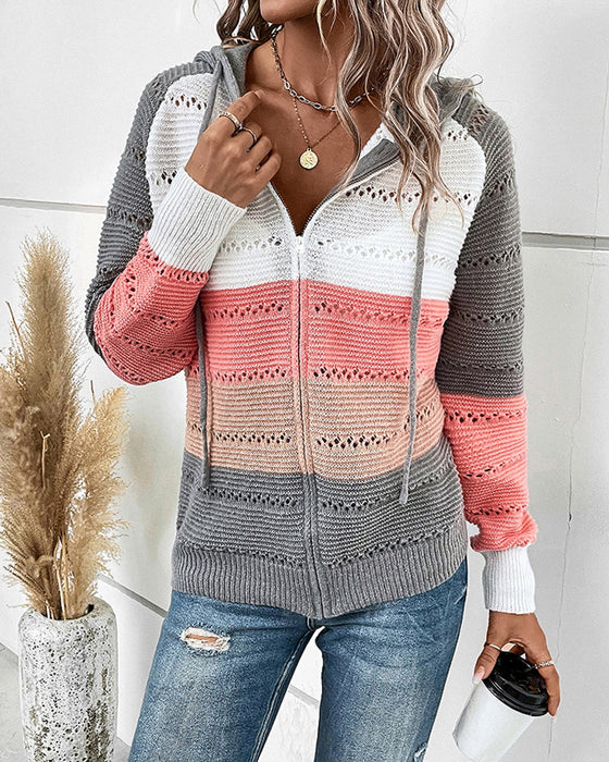 Colour block cardigan med hette